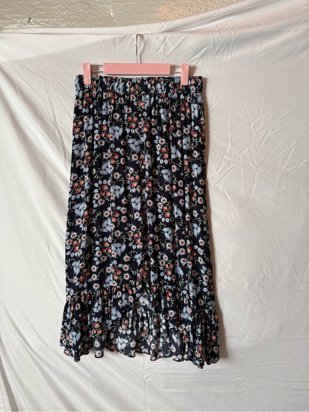 Floral Midi Skirt with Ruffle Hem - navy Floral